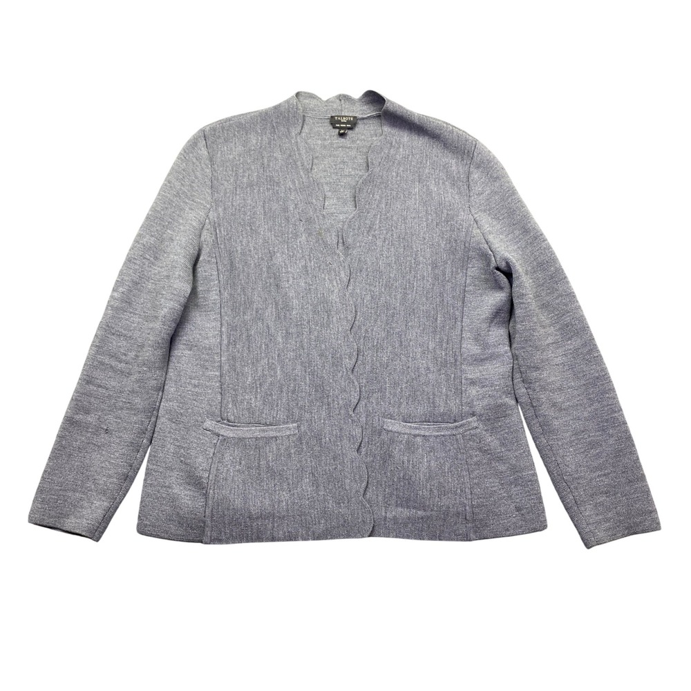 Talbots Petites Gray Merino Wool Scalloped Open Front Cardigan Sweater LP